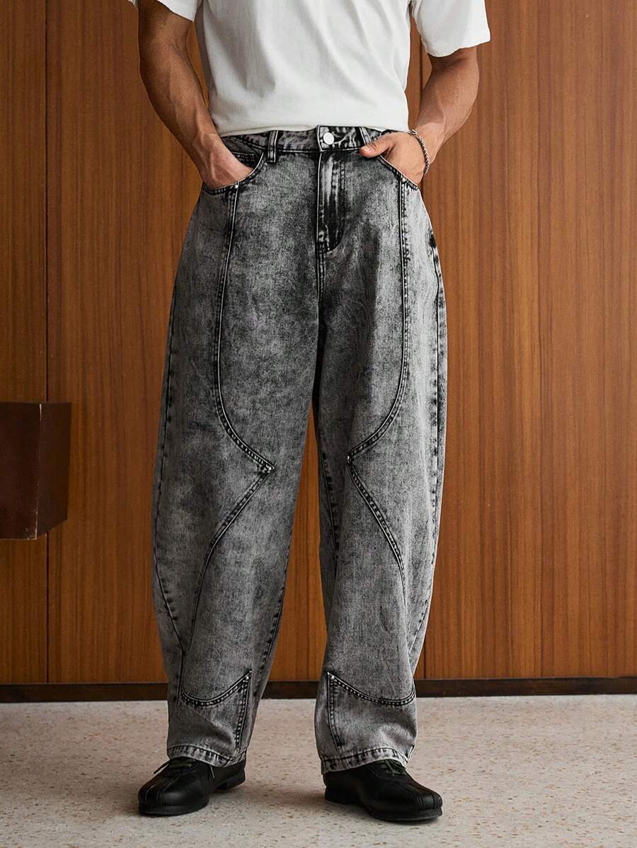 SWAVVY 男士休闲梭织宽松弹力腰直筒灰色牛仔裤，纯色 - 黑色 - 查看 1