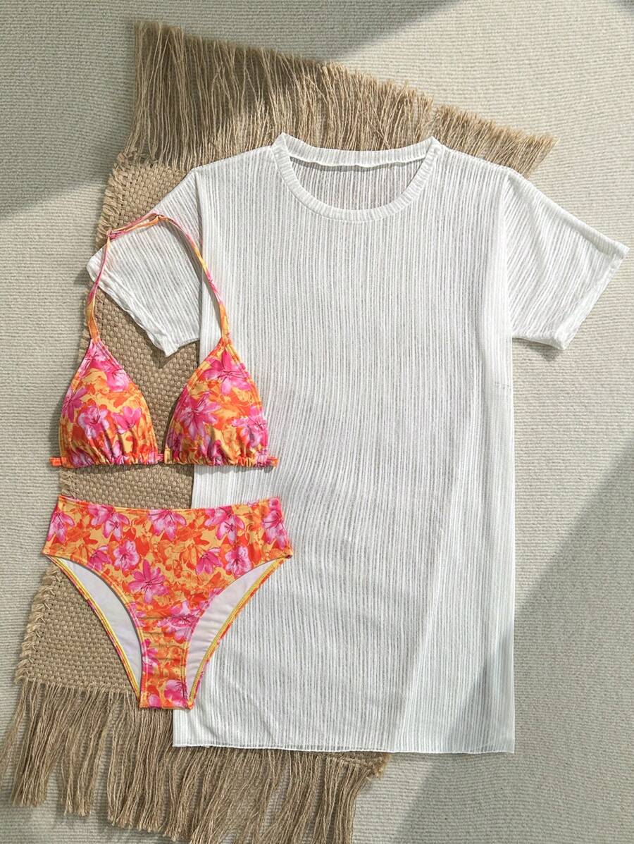 SHEIN 3pcs Set: Teen Girls' Orange Floral Printed Swimsuit With White Loose Coverup Young Girls Sets Beach Outfit For Girls Beach Girl Clothes Girl Summer Cloths14 16 Clothes For Summer Girls - Orange - View 1