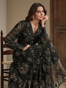 Anewsta Elaire Elegant Sequin Texture Vacation Casual Dress With V-Neck And Long Sleeves - Black - View 4