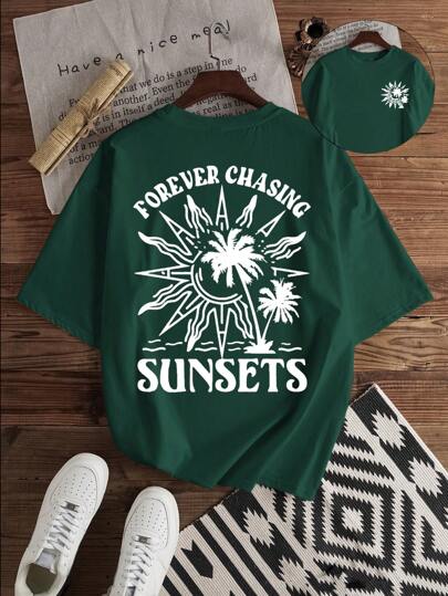 Manfinity Joysei Camiseta ajustada de manga corta con estampado gráfico de letra y árbol de palma, de estilo casual y veraniego para hombre. Adecuada para vacaciones, citas, fiestas, actividades al aire libre, combinación de pareja/familia. También es un gran regalo para el novio.