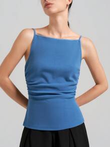 Ontre 2025新款斯德哥尔摩风格女教师蓝色吊带背心，秋季休闲商务百搭无袖上衣，可调节肩带简约纯白色吊带背心，适合早餐、商务休闲、复古 - 藍色 - 查看 3