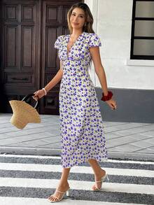 SHEIN Frenchy Women's Vacation Floral Print Deep V Neck Batwing Sleeve Midi Dress Summer Purple Beach - Purple - View 4
