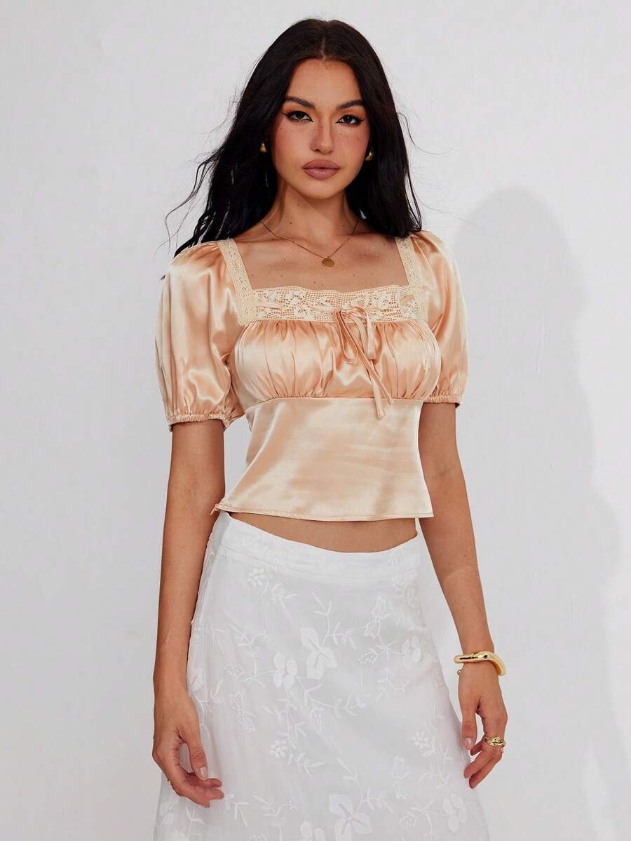 Roylia Elegant Square Neck Puff Sleeve Slim Fit Bowknot Blouse For Women, Summer - Champagne - View 1