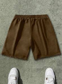 Manfinity EMRG Men's Street Style & Casual Drawstring Waist Sports Shorts With Asymmetrical Floral Pattern Design, Bright And Cheerful, Suitable For Streetwear, Daily Casual, Holiday Wear, Gift For Boyfriend/Husband, Couple, 2000s Style - Coffee Brown - View 2