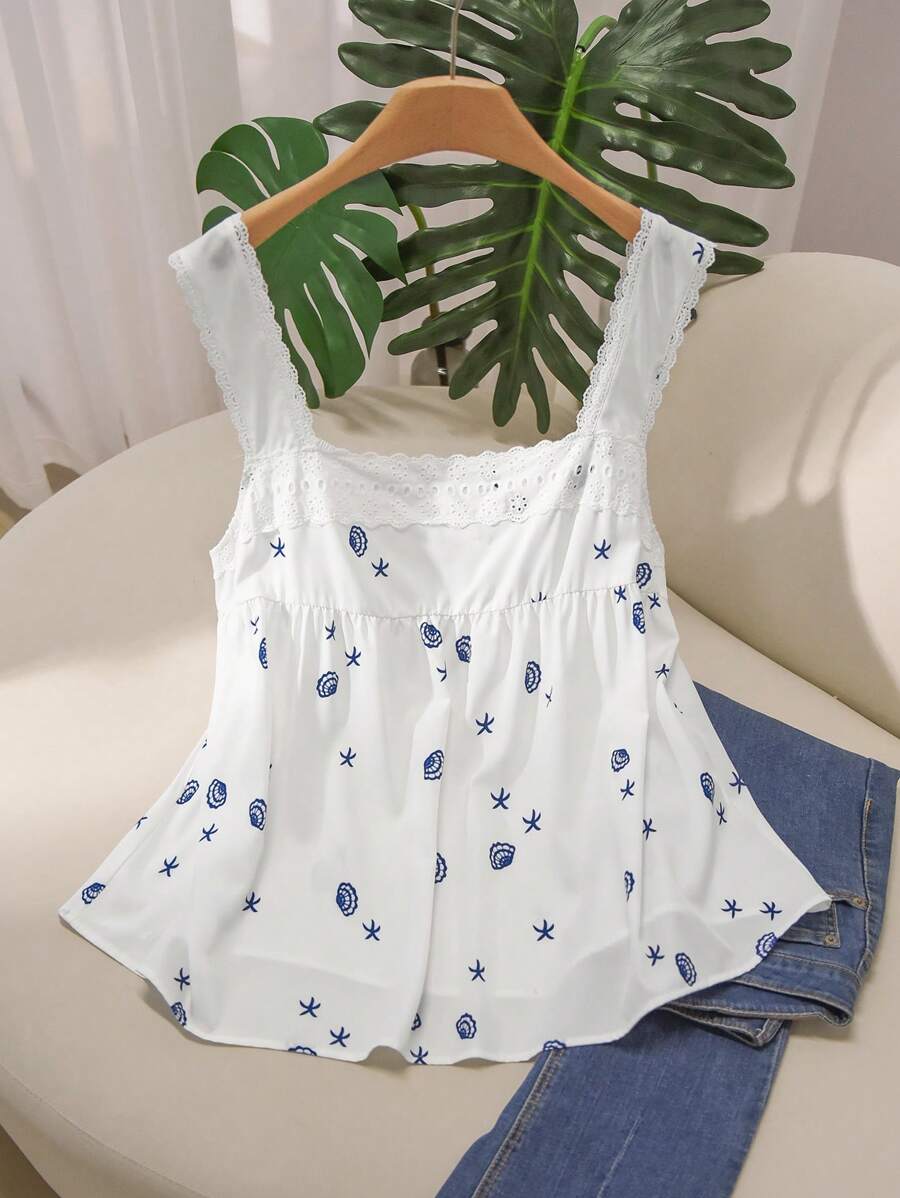 CosyJoli Camisa casual de mujer de talla grande con estampado de conchas y bordados