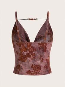 SHEIN ICON 复古提花面料串珠装饰垂坠领吊带背心