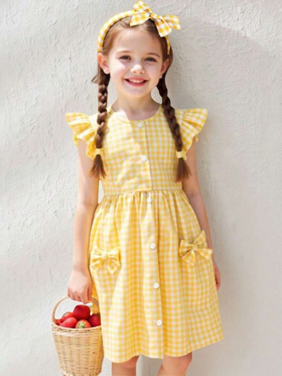 SHEIN Playful Pals 黄色格子盖袖休闲夏装，百搭日常穿着