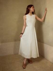 MOTF PREMIUM V领刺绣镂空腰部连衣裙 - 白色 - 查看 6