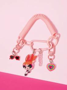 THE POWERPUFF GIRLS X SHEIN Blossom, Heart & Glasses Pattern Pendant With Pink Phone Cord & Pink D-Ring Keychain - Pink - View 2