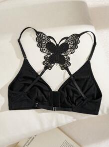 SHEIN Casual Ribbed Solid Unlined Front Button Hollow Back Bowknot Decor Seamless Wireless Bra For Women - Black - View 7