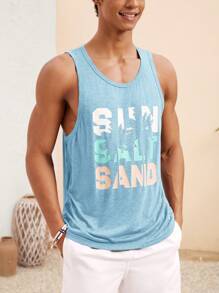 Manfinity VCAY Men's Lightweight Knitted Casual Beach/Vacation Hawaiian Coconut Tree & Letter Print Surfing Vest Beachwear, Summer