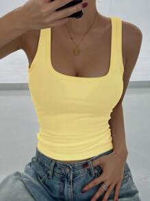 DAZY Women's Summer Plain Square Collar Ribbed Casual Versatile Tank Top