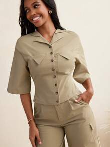 GYD studio Light Khaki Oversized Short Sleeve Pocket Button Casual Tops Women's Business Casual Blouses Summer Short Sleeve Shirt, Office