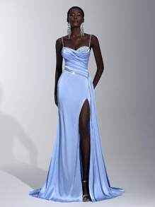 Elitara 优雅淡蓝色简约奢华亮片链条肩带串珠拼接缎面前褶皱不对称斜腰垂坠不对称鱼尾下摆礼服，适合约会、返校活动、婚礼、晚会、生日礼服 - 淺藍色 - 查看 6