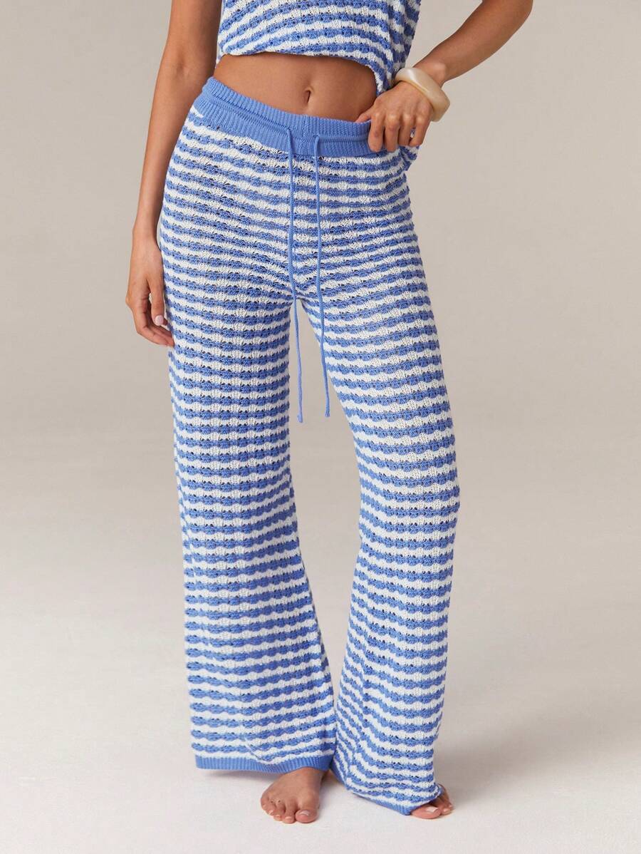 Athîral Women's Knit Jacquard Check Trousers In Fall/Winter - Blue and White - View 1