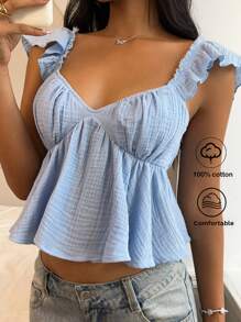 CovetEZ 女士蓝色纹理面料盖袖休闲短款衬衫，夏季上衣