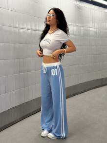 StreetHx 女式数码印花撞色腰休闲运动街头复古长款运动裤，春夏