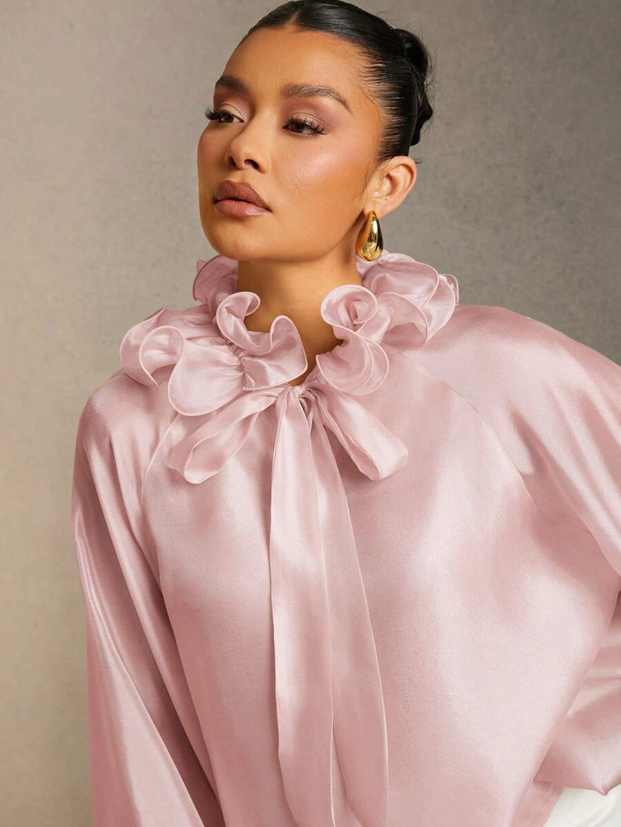 Hauture Elegant Solid Color Ruffle Collar Lantern Sleeve Blouse - Dusty Pink - View 1
