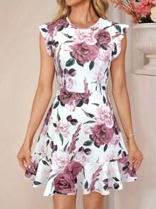 SHEIN Clasi Vestito mini attillato da donna con scollo a barchetta, maniche a campana e stampa floreale rosa e bianca