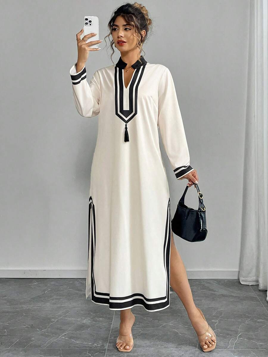 Elenzga Áo choàng dài tay cổ chữ V đi nghỉ thường ngày cỡ lớn cho nữ - Màu be - Xem 1