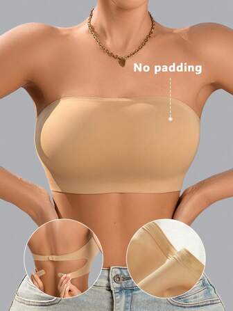 1件装休闲舒适自粘纯色露背镂空系带衬里尼龙女士筒状上衣（无肩带文胸）