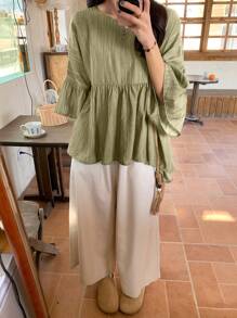 FRIFUL 1 件女式灰色荷叶边领休闲衬衫，夏季，娃娃装上衣 - 綠色 - 查看 2