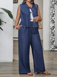 EMERY ROSE 2 Stücke Damen Große Größen Set aus Ärmellosen Top mit Schleife und Jeans Hose