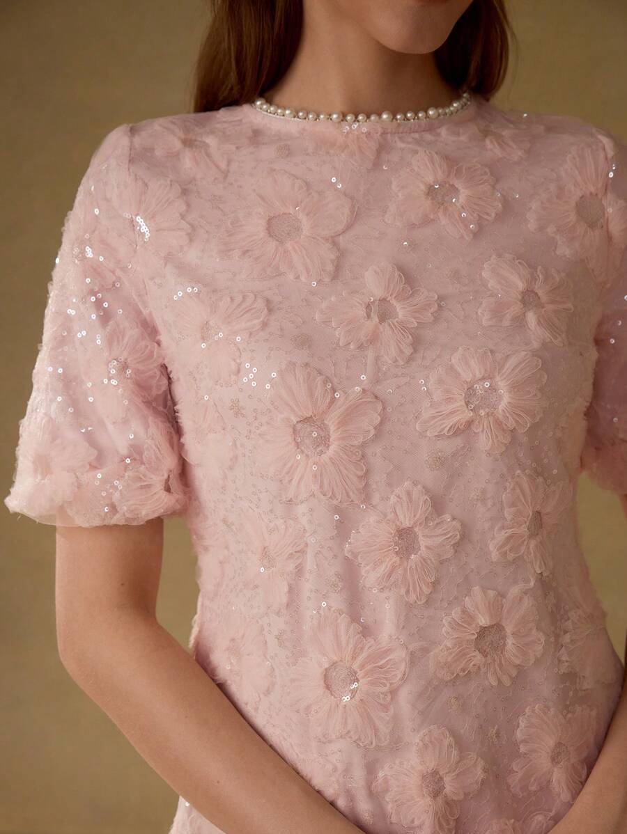 MOTF PREMIUM EMBROIDERY FAUX PEARL TRIM DRESS - Pink - View 2