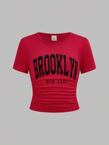 SHEIN Girlism 3-Pack Tween Girls Casual Round Neck Fitted Waist Ruched Front Print T-Shirts In Red, White And Black, School, Campus, College - Multicolor - View 5