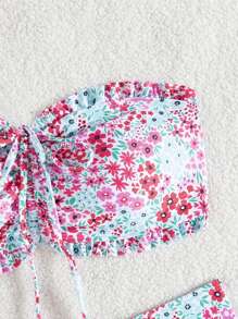 SHEIN Swim Women's Summer Beach Vacation New Cute Strapless Ruffled Ditsy Floral Patterned Bikini Set Set With Delicate Pearl Pendant & Drawstring Tie - Multicolor - View 4