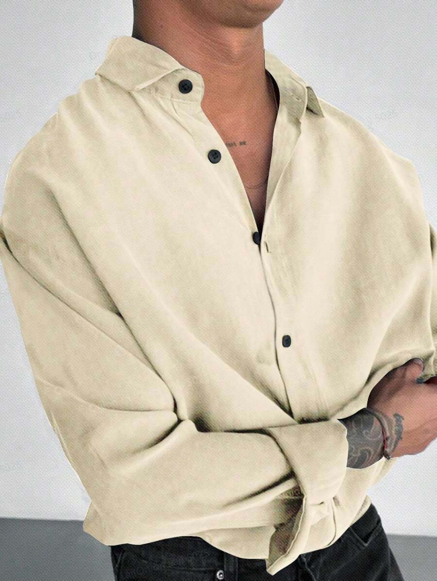 OTTIMOZO Camisa de manga larga de unicolor casual para hombres, versátil, para el otoño - Albaricoque - Ver 1