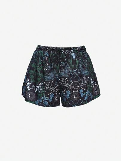 Goth Plus Size Women Gothic Floral & Moon Print Shorts, For Summer