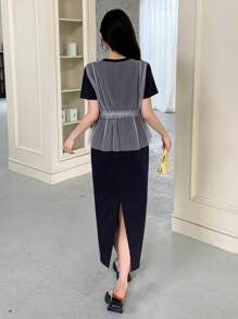 DAZY Gaun Midi Lengan Pendek Bermotif untuk Wanita, Musim Semi/Panas - Navy Blue - View 8