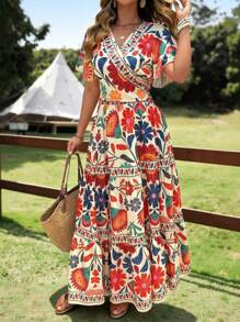 SHEIN Clasi Plus Size Graphic Criss-Cross Back Tie-Up Crop Top And Mini Skirt Two Pieces Outfit, Holiday Vacation Vibe - Multicolor - View 4