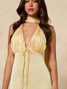 SHEIN BAE 1 chiếc váy satin buộc nơ cổ chữ V màu vàng trơn thanh lịch cho nữ, mùa hè - Màu vàng - Xem 6