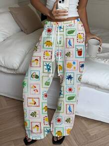 Aloruh Elegant Low Waist Sexy Lady Beach Summer Theme Graphic Print Casual Pants, Suitable For Summer