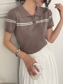 DAZY Áo kiểu nữ mùa hè kẻ sọc phối màu cổ polo, dáng rộng, cổ lửng, chất liệu dệt kim, thích hợp cho giáo viên. - Màu Khaki - Xem 2