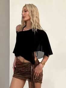 SHEIN ICON 2 件套：女式三角杯系带吊带背心和雪纺透明衬衫 - 黑色 - 查看 5