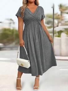 SHEIN PETITE Elegant Plus Size Women's Cable Knitted Twist Dress, Casual/Office, A-Line, Roomy, Slimming, Flared Skirt With Side Pockets