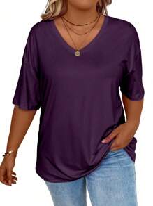 EMERY ROSE 大码 V 领纯色休闲宽松短袖 T 恤，夏季 - 紫色 - 查看 4