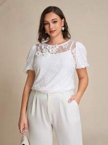 Chikora Plus Size Summer Elegant Solid Color Lace 3D Floral Decor Blouse,Lace Top,White Tops,Office Attire For Women