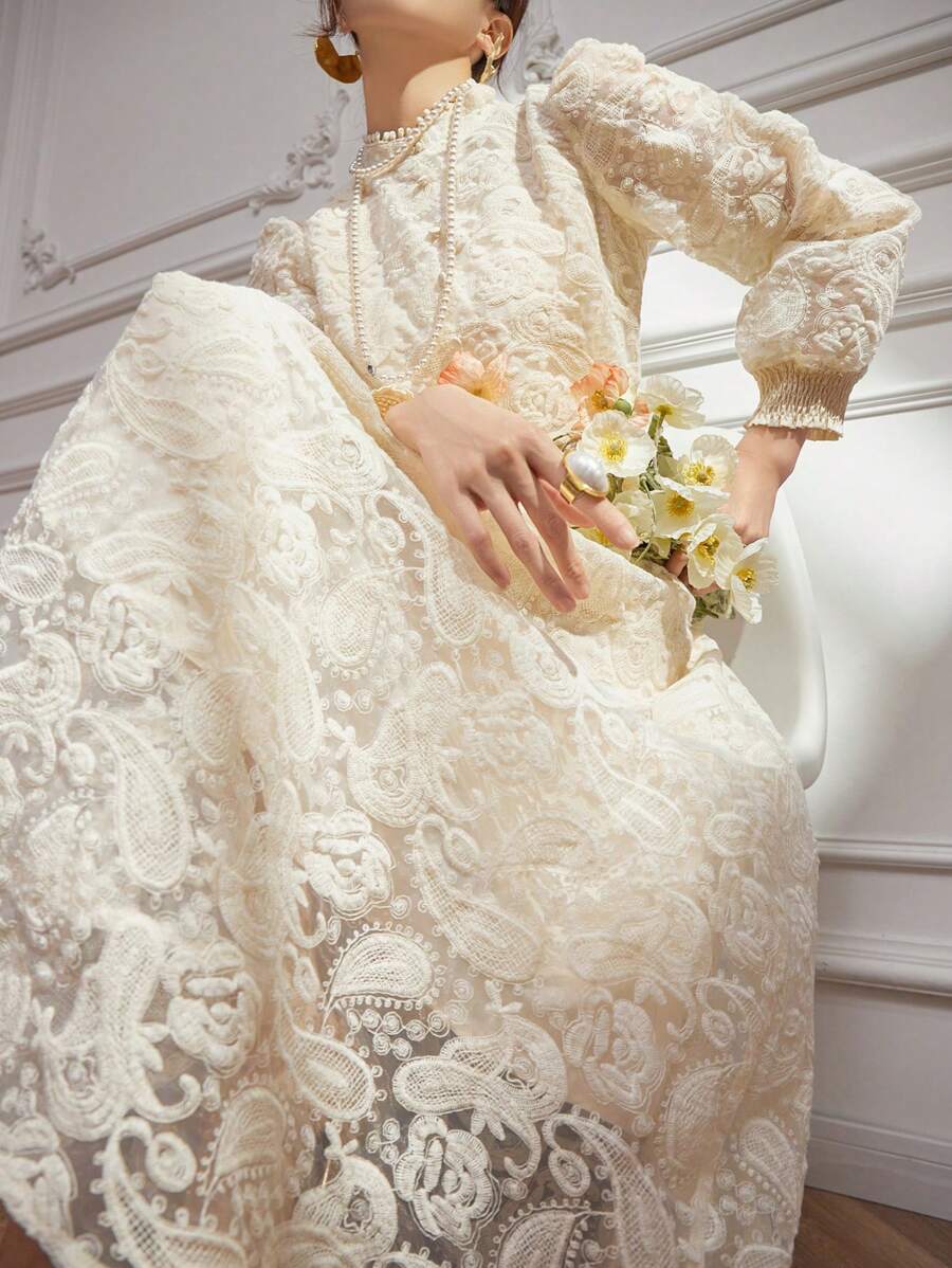 DAZY 女士优雅蕾丝泡泡袖立领中长连衣裙，春秋季长袖连衣裙 - 米色 - 查看 1