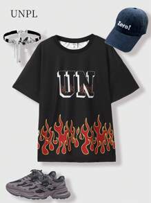 SHEIN 2025 Sommer Neue Mode Marke atmungsaktives Rundhals Kurzarm T-Shirt für Tween-Jungen - Schwarz - Übersicht 3