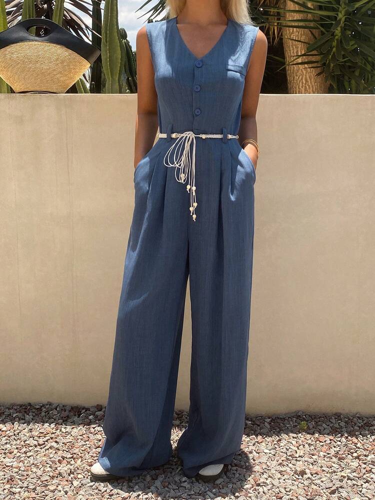 Women's Summer V-Neck Tie Waist Tassel Cinched Waist Wide Leg Jumpsuit Women Jumpsuits Overalls Vacation Jumpsuitlounge Sets For Women