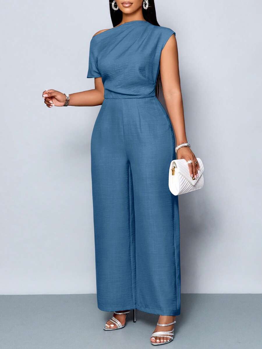 SOLERSUN Plus Size Women's Four Seasons Women's Clothing Commuting Elegant Day Travel Casual Simple Solid Color Off The Shoulder Asymmetrical Neckline Shoulder Pleats Short Sleeve Wide Leg Jumpsuit
