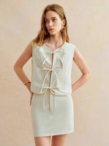 Écloséra Retro Corduroy Check Color Ladies Summer Two Pieces Beach Holiday Outfit - Apricot - View 1