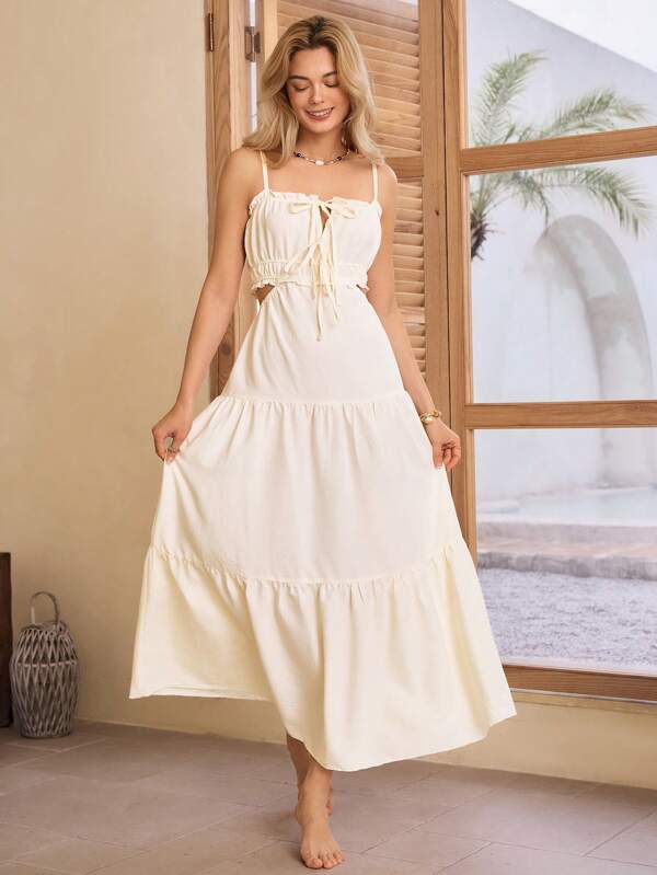 Lullawish Camisón de mujer de unicolor, con finos tirantes, volantes en los bordes y tejido jacquard para el verano