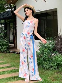 SHEIN LUNE 2件套度假休闲花卉印花吊带背心和阔腿裤 - 彩色 - 查看 4