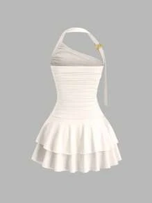 Sweetra Novo Vestido Minivestido Evasê Emagrecer Escalonado Desenho de Joias em Espiral Dourado Pendurado para Mulheres