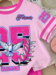 SHEIN Baby Girl Casual Minimalist Graphic Number 25 & Print, College Sport Stylish, Round Neck Short Sleeve T-Shirt And Leggings Set, Suitable For Spring Summer